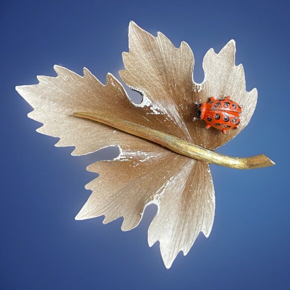 Vintage Jewelry - Vintage Ladybug on Leaf Brooch Bug Insect Pin Oddity